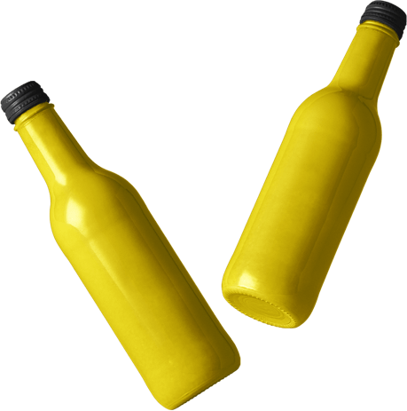 Two floating yellow bottles with black cap