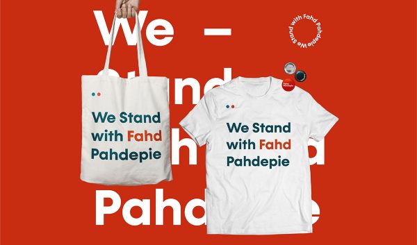 Application of Fahd Pahdepie campaign design on a T-shirt, tote bag, and pins