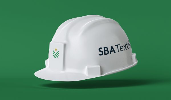 White safety helmet with 'SBA Textile' written on the side and SBA logo on the front
