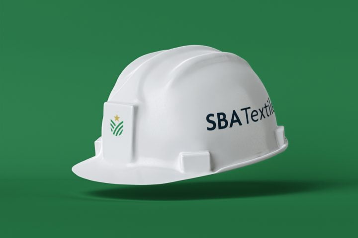 White safety helmet with 'SBA Textile' written on the side and SBA logo on the front